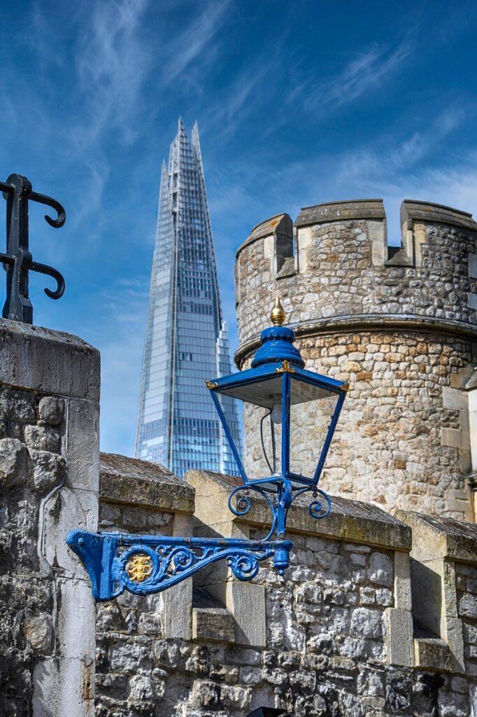 buildings, london, ancient, modern, street lamp, nature, clouds