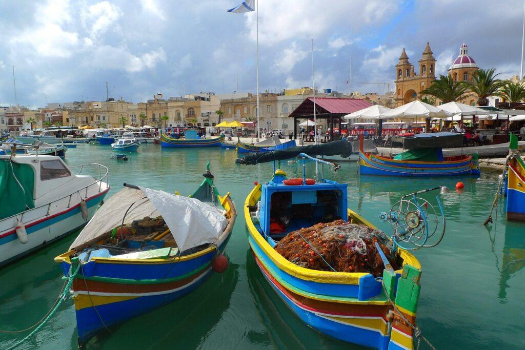 fishing boat, picturesque, port, marsaxlokk, nature, malta, gozo, mediterranean, vacations, boats, idyll, relaxing, water, multicoloured