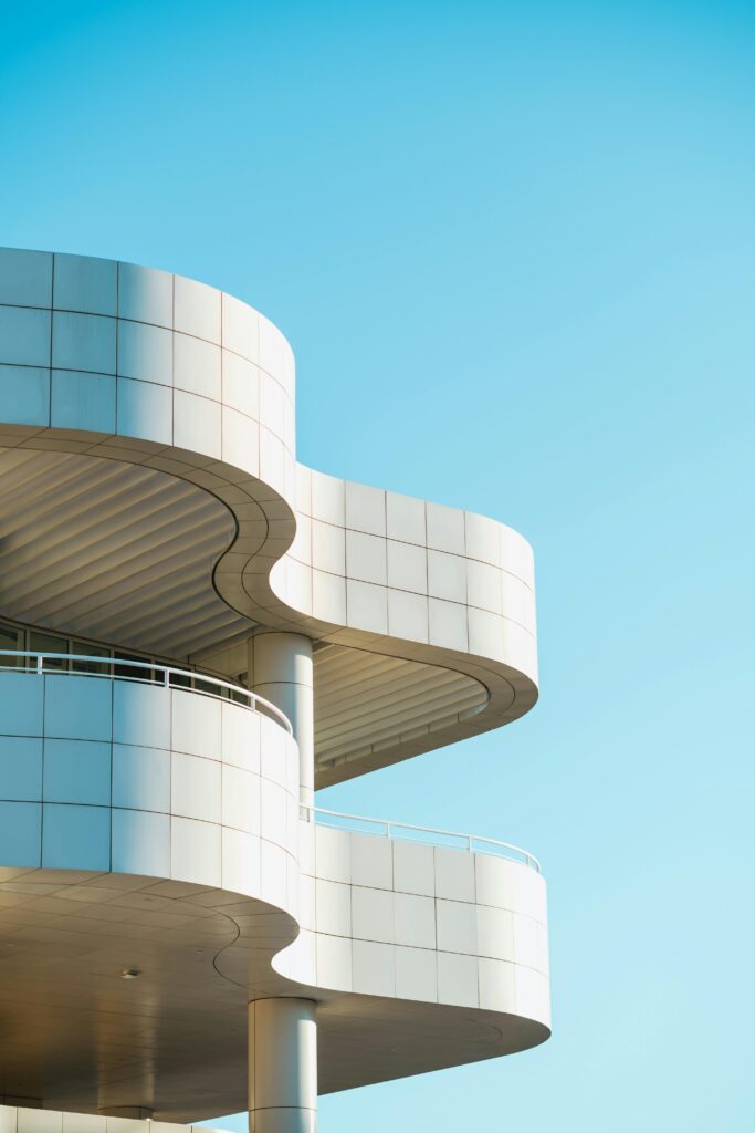 Stylish modern architecture at Getty Center in Los Angeles against a clear sky.