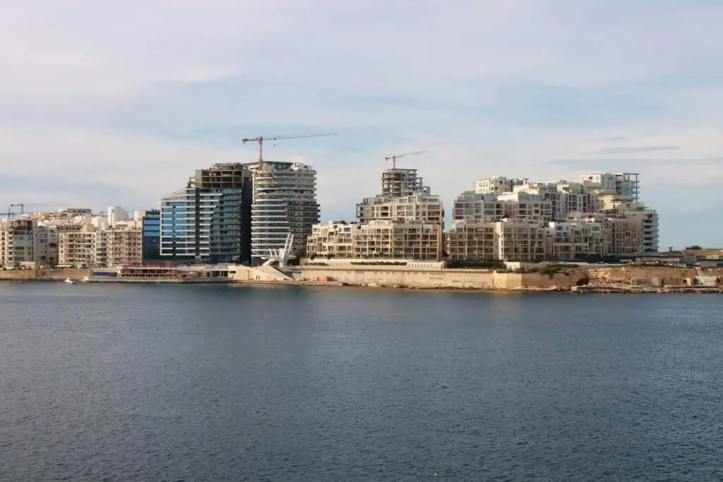 Scenic view of contemporary buildings along the coast in Sliema, Malta.