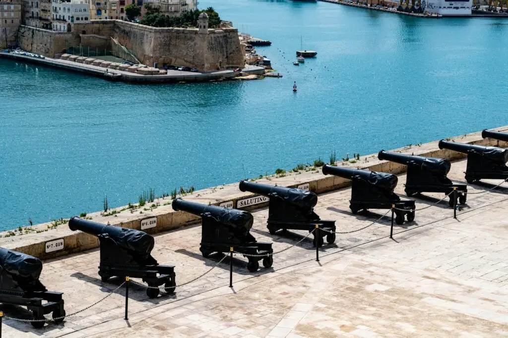 View of Valletta's iconic Saluting Battery overlooking the Grand Harbour in Malta.