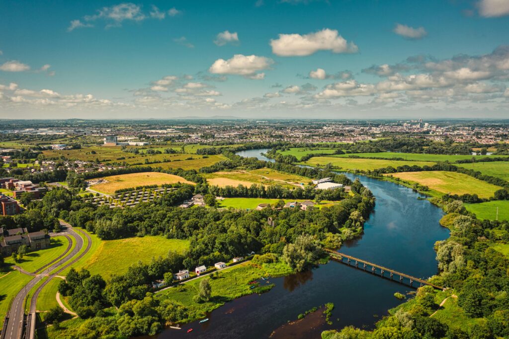 A beautiful aerial view of the River Shannon and surrounding landscapes in Limerick, Ireland.