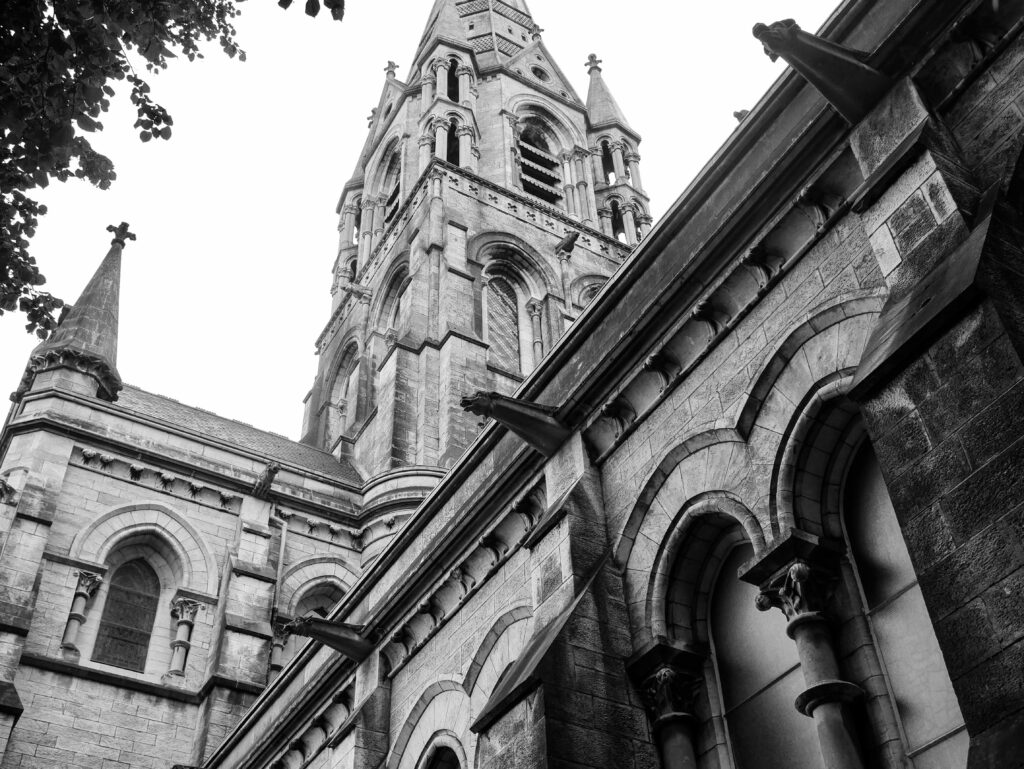 Grayscale view of St. Fin Barre's Cathedral, Cork, showcasing Gothic architecture.