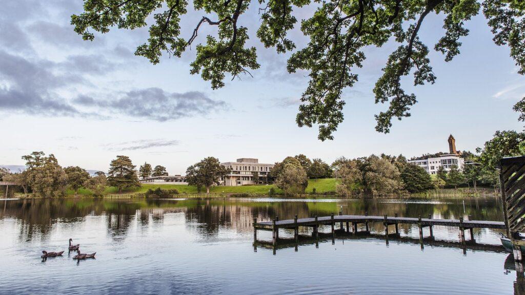 uk, scotland, stirling, nature, university of stirling, the scenery, cloud, lake, reflection, crystal clear